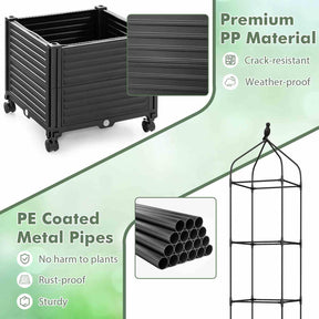 Raised Garden Bed with Trellis, Tomato Cage Planter Box with Self-Drainage & Wheels for Climbing Vines