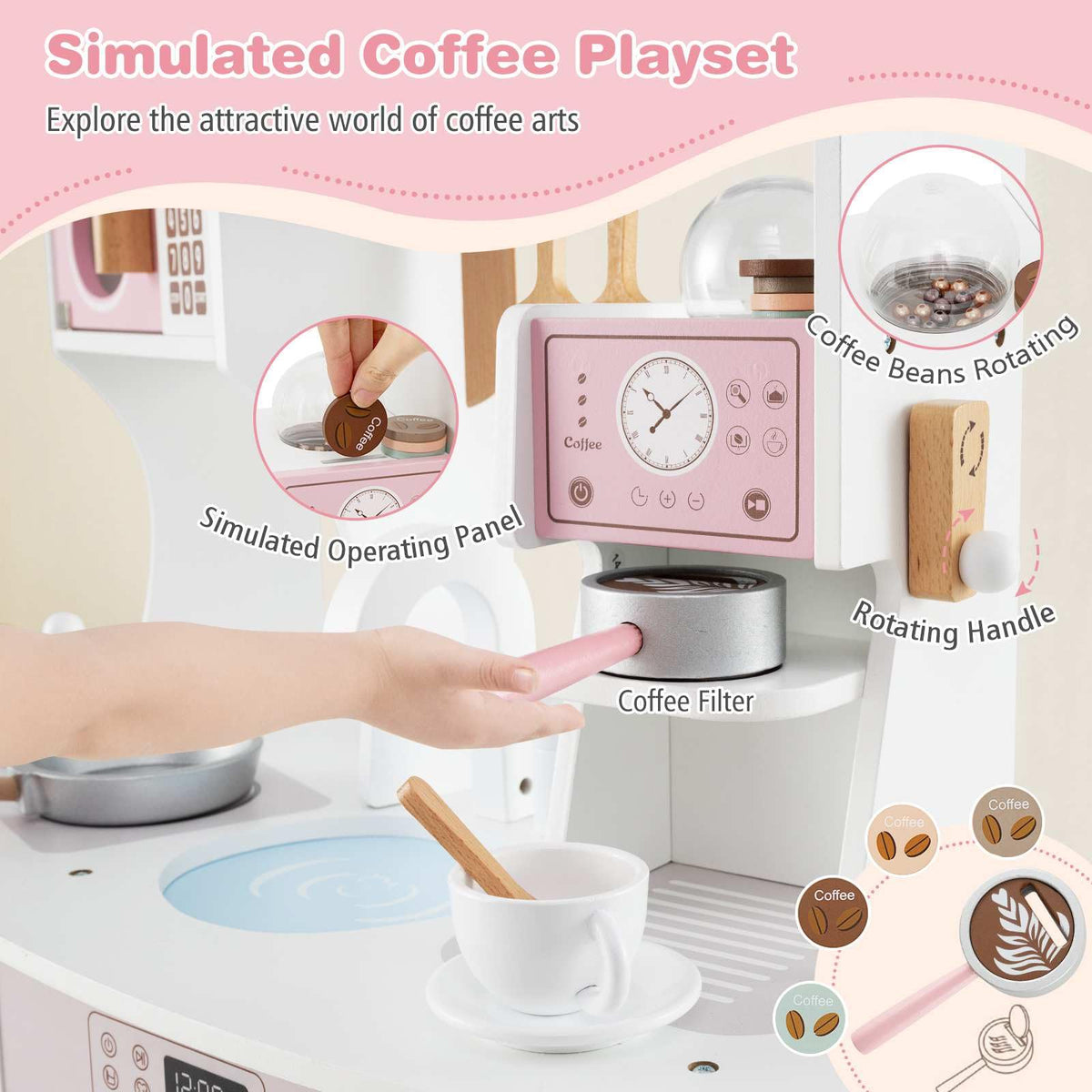 All-in-1 Wooden Kids Kitchen Playset, Pretend Play Kitchen w/Coffee Maker, Microwave, Oven