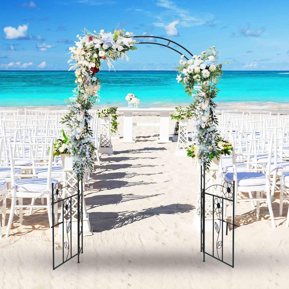 2 in 1 Garden Arbor, Decorative Wedding Arch w/ Door & Latch, Trellis for Climbing Plants