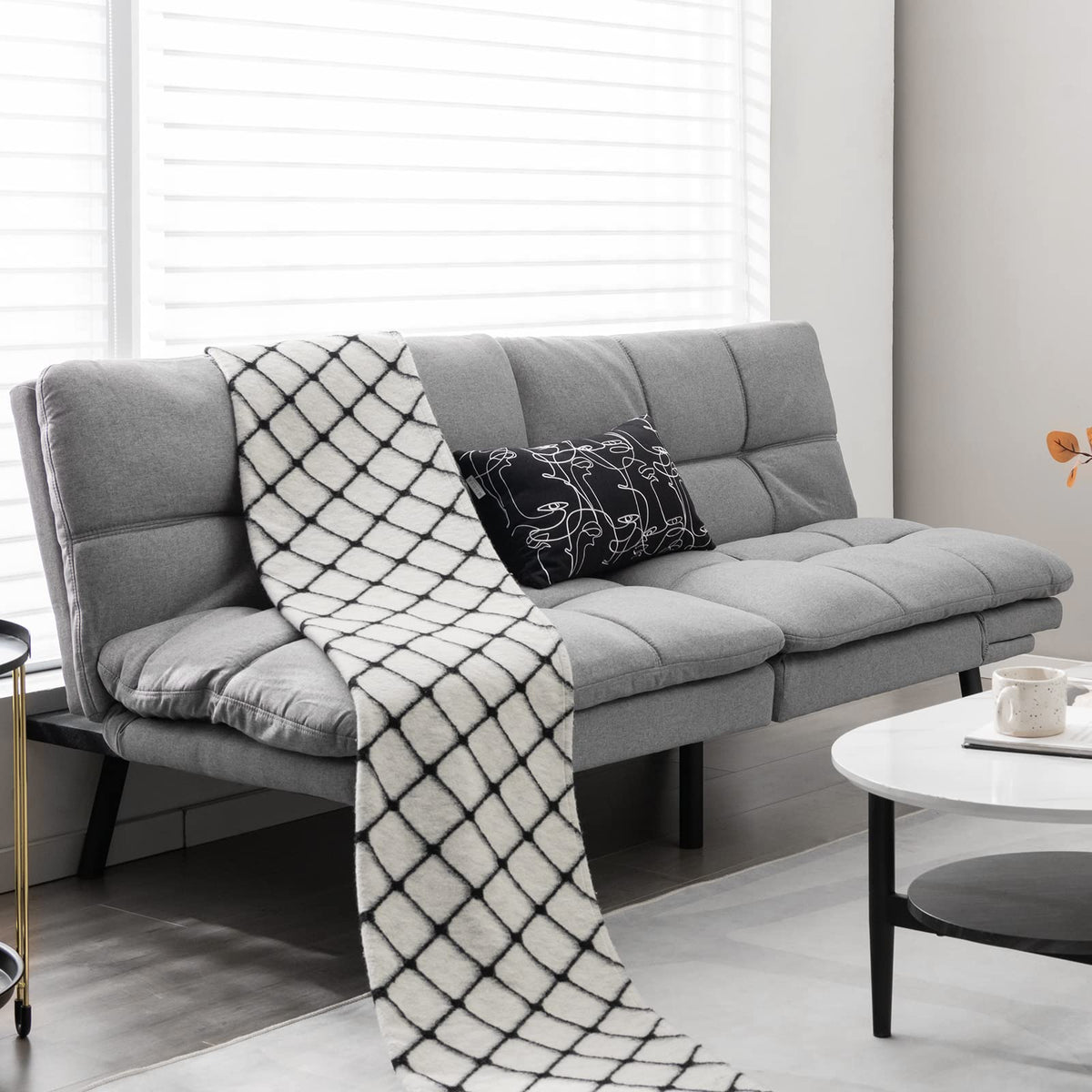 Convertible 3 Seater Sofa Bed, Memory Foam Futon Couch Bed w/Adjustable Backrest & Armrests