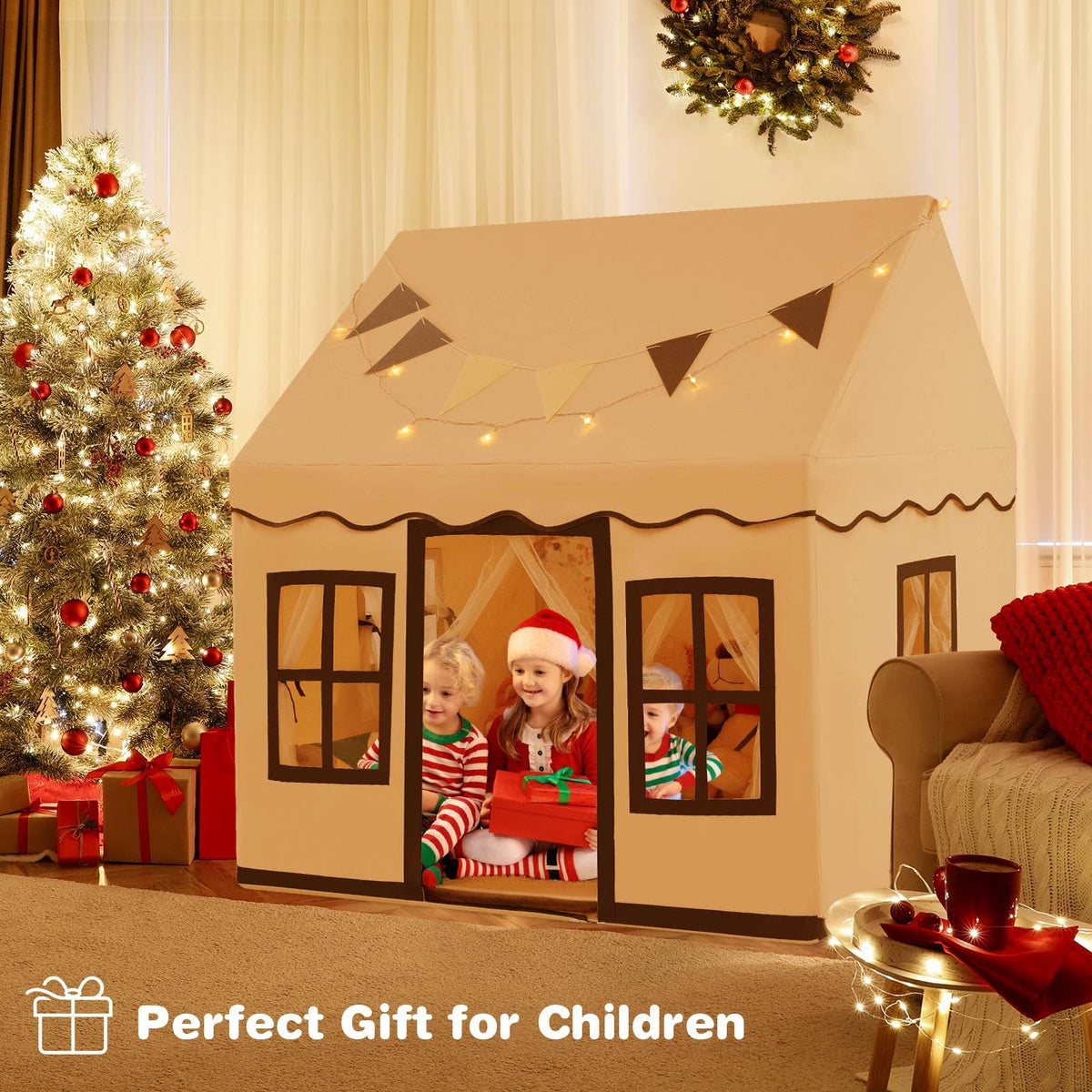 Kids Play Tent, Large Playhouse w/Star String Lights & Flag Banner, Washable Anti-Slip Coral Velvet Mat