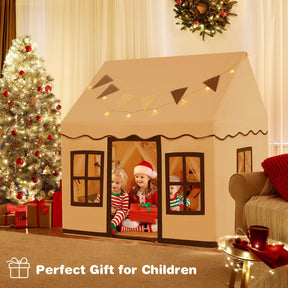 Kids Play Tent, Large Playhouse w/Star String Lights & Flag Banner, Washable Anti-Slip Coral Velvet Mat