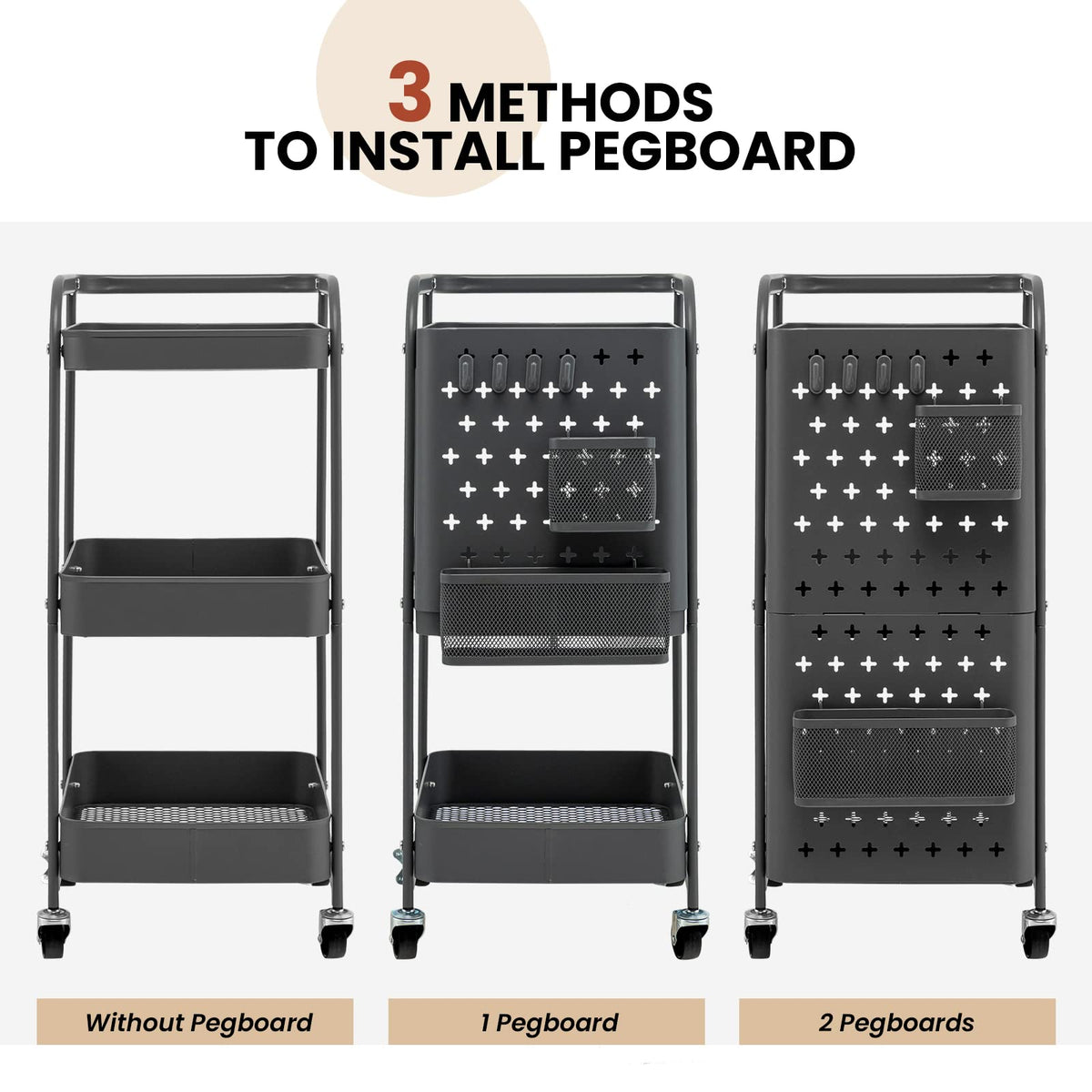 3-Tier Rolling Cart, Storage Trolley Organizer w/DIY Dual Pegboards, 2 Baskets, 4 Removable Hooks