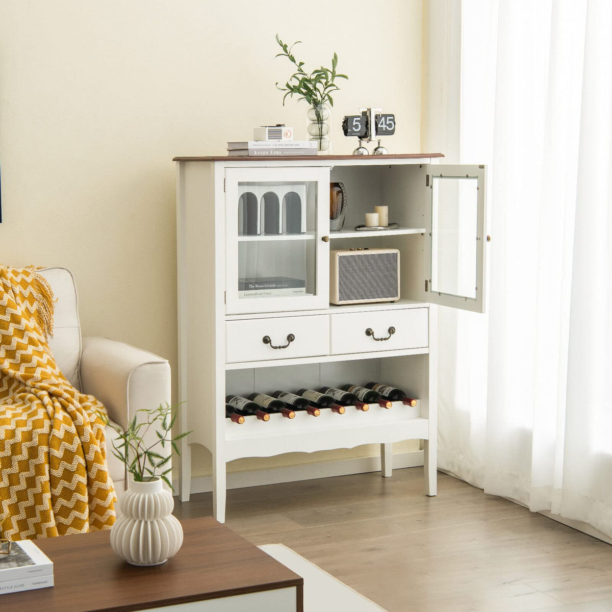 Giantex Sideboard Buffet Cabinet, Storage Cabinet with 2 Tempered Glass Doors, 2 Drawers, White