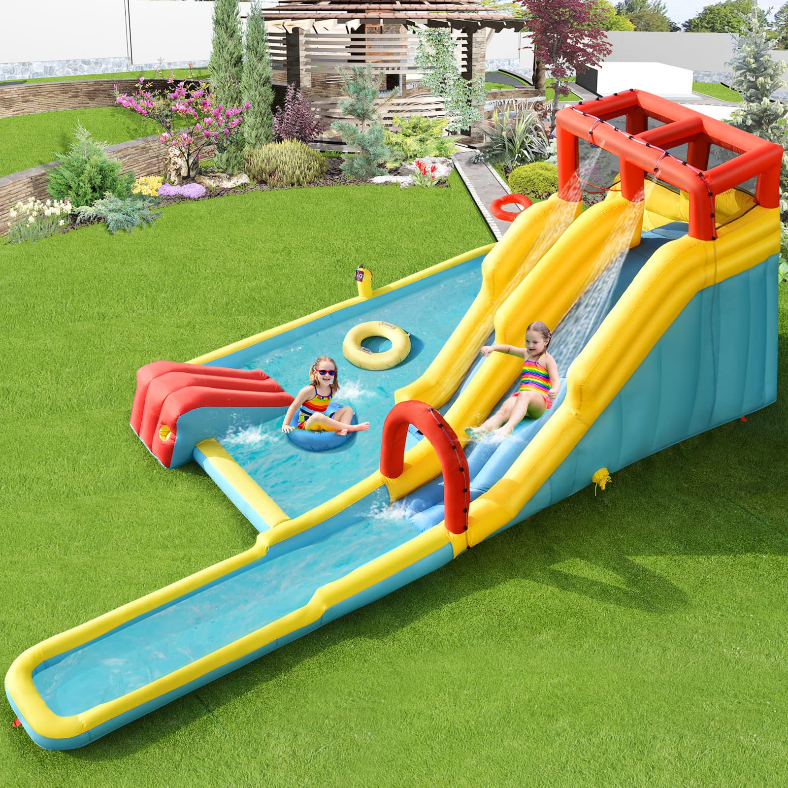 HONEY JOY Inflatable Water Slide, 7-in-1 Double Long Slide Inflatable Water Park w/Climbing Wall (Without Blower)