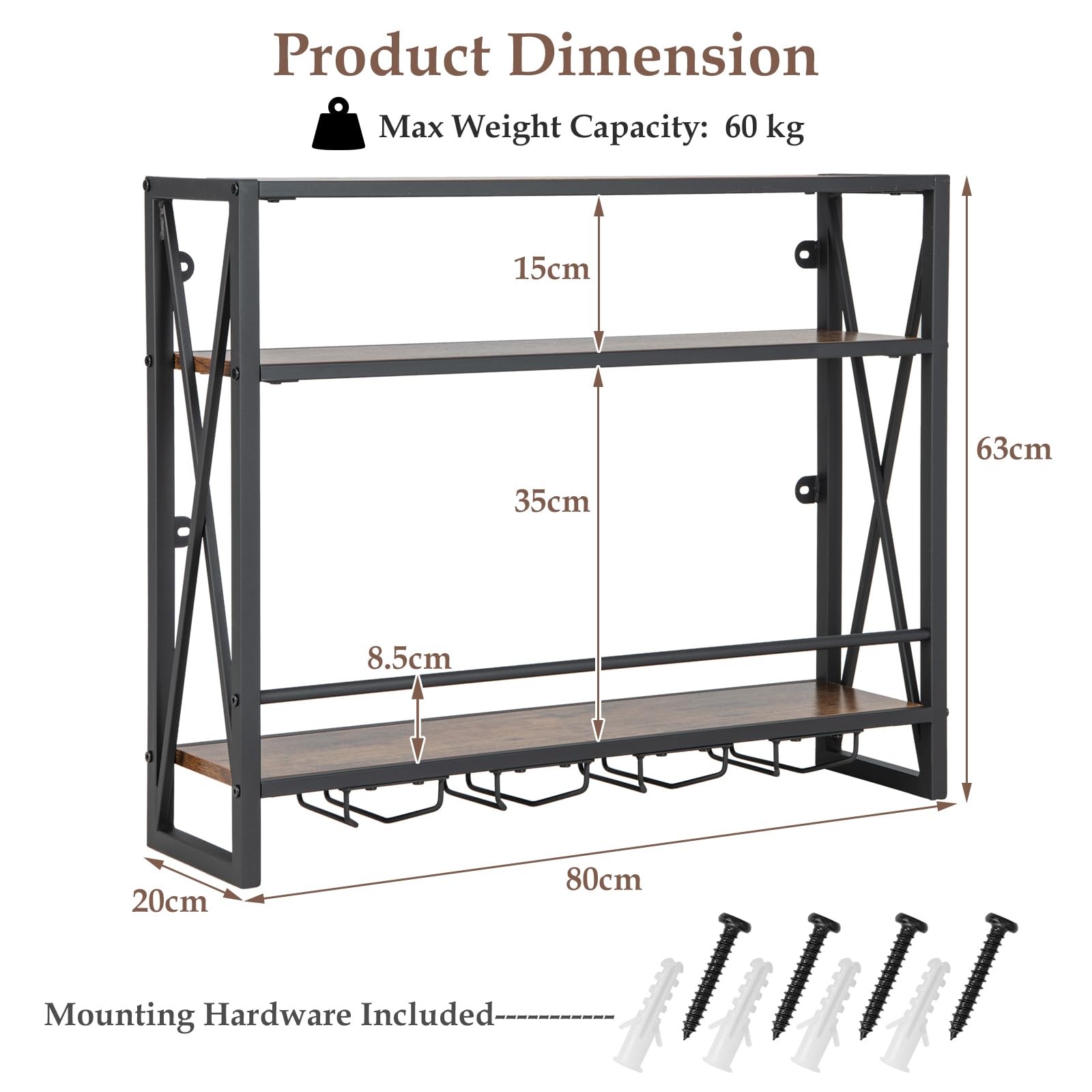 Industrial Wall Mounted Wine Rack, 3 Tiers Metal Hanging Wine Shelf