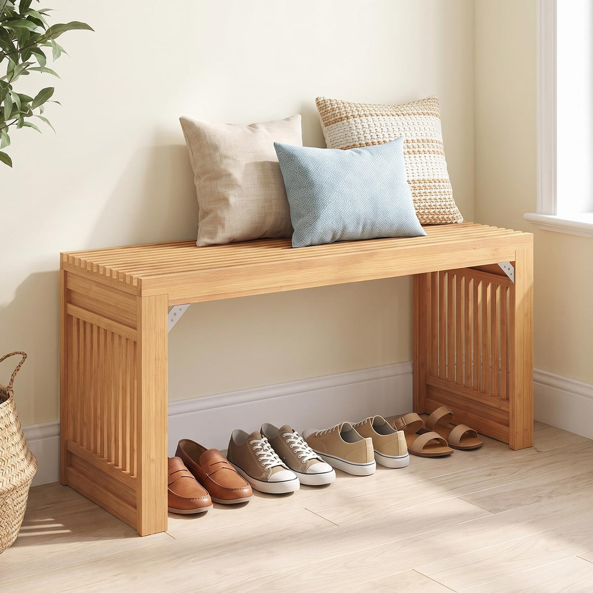 Bamboo Dining Bench, 90CM Long Entryway Bench Indoor Kitchen Bench