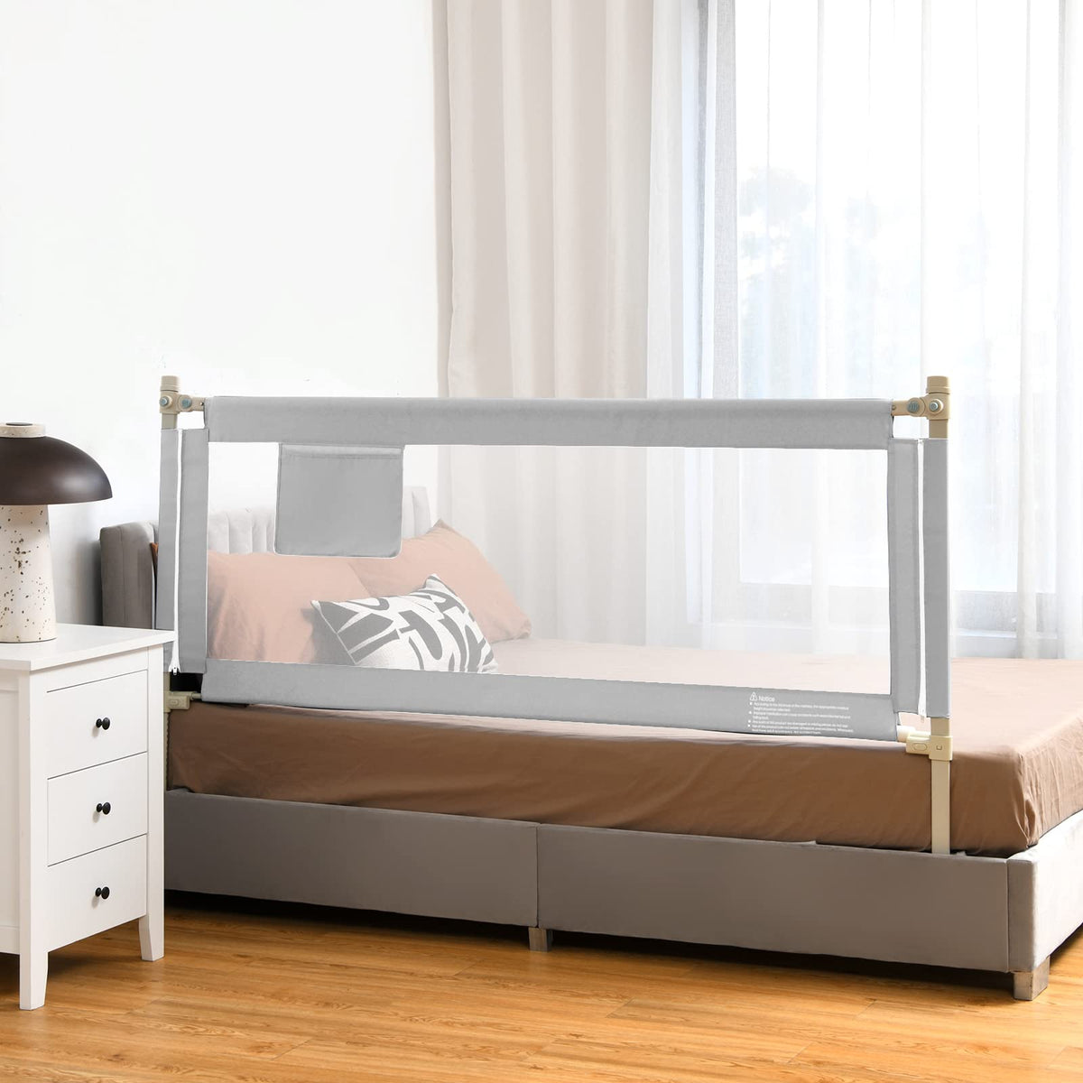 176CM Toddler Bedrail, Extra Tall Safety Bed Guardrail W/Anti-Collision Cotton & Side Pocket