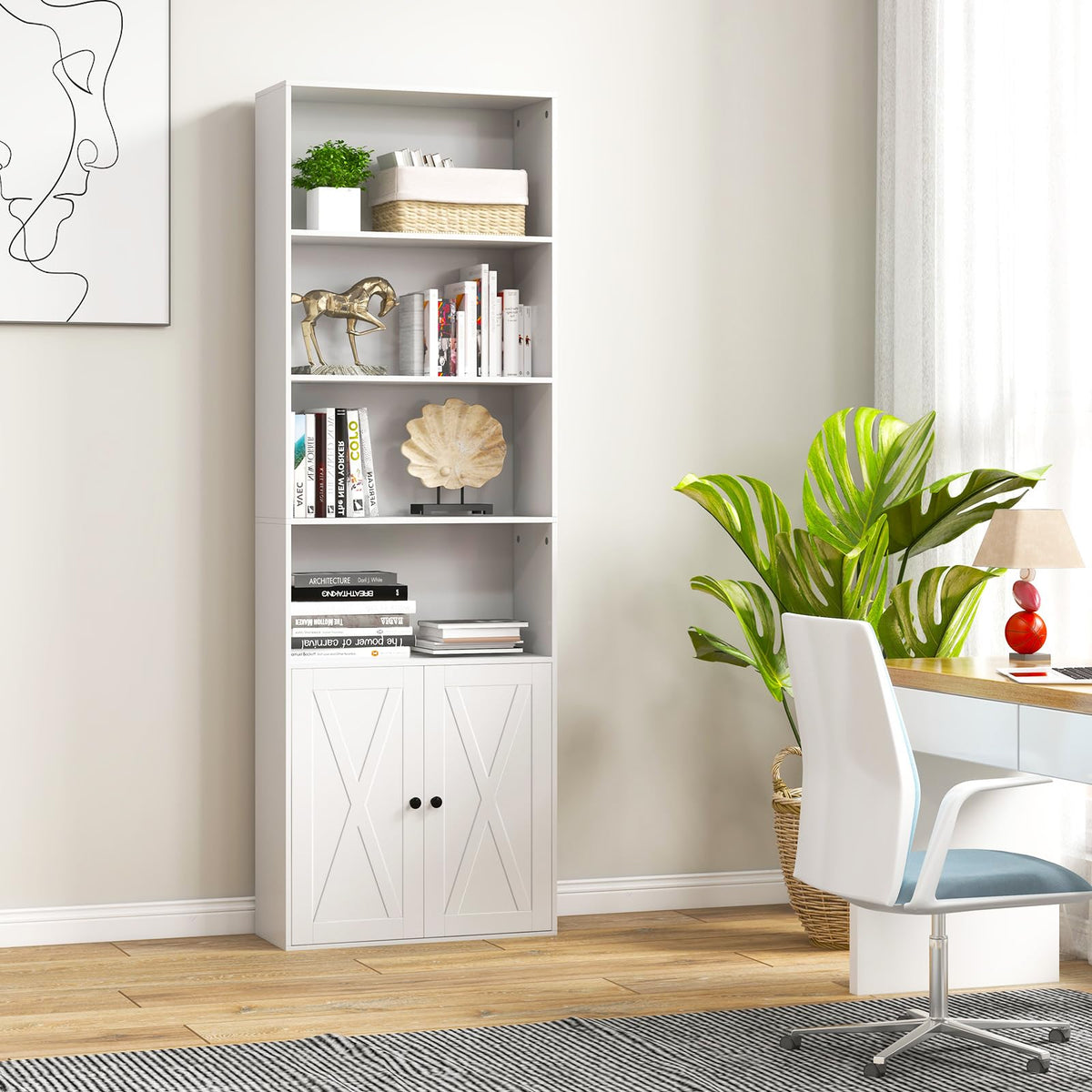 Farmhouse Bookcase with Doors, 180cm Freestanding Bookshelf with 6 Shelves & 2-Door Cabinet