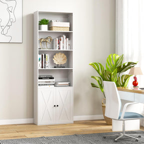 Farmhouse Bookcase with Doors, 180cm Freestanding Bookshelf with 6 Shelves & 2-Door Cabinet