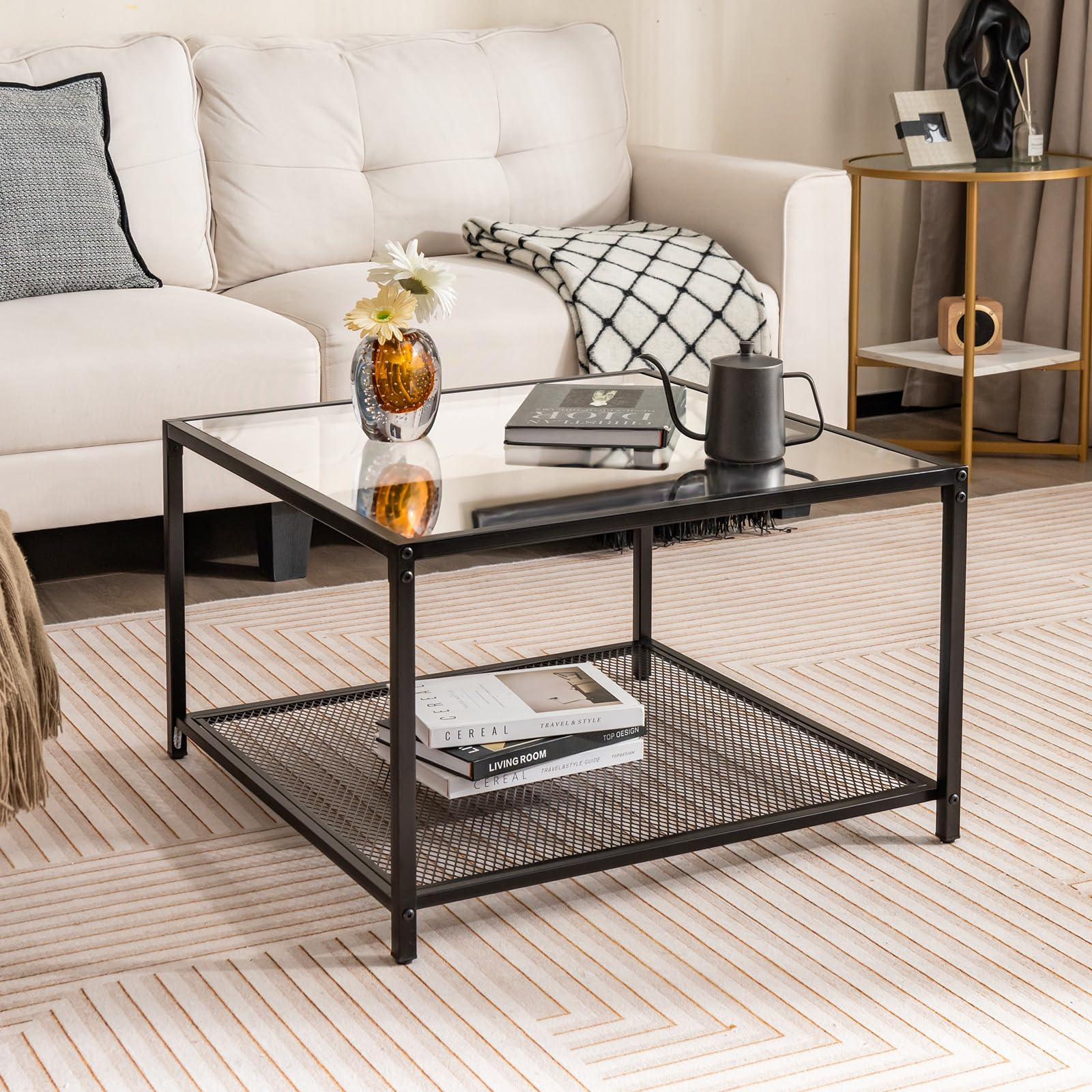 Giantex Glass Coffee Table with Storage, 70cm Modern 2-Tier Square Coffee Table with Mesh Shelf