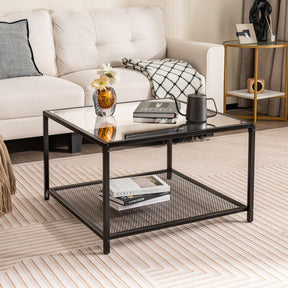Giantex Glass Coffee Table with Storage, 70cm Modern 2-Tier Square Coffee Table with Mesh Shelf