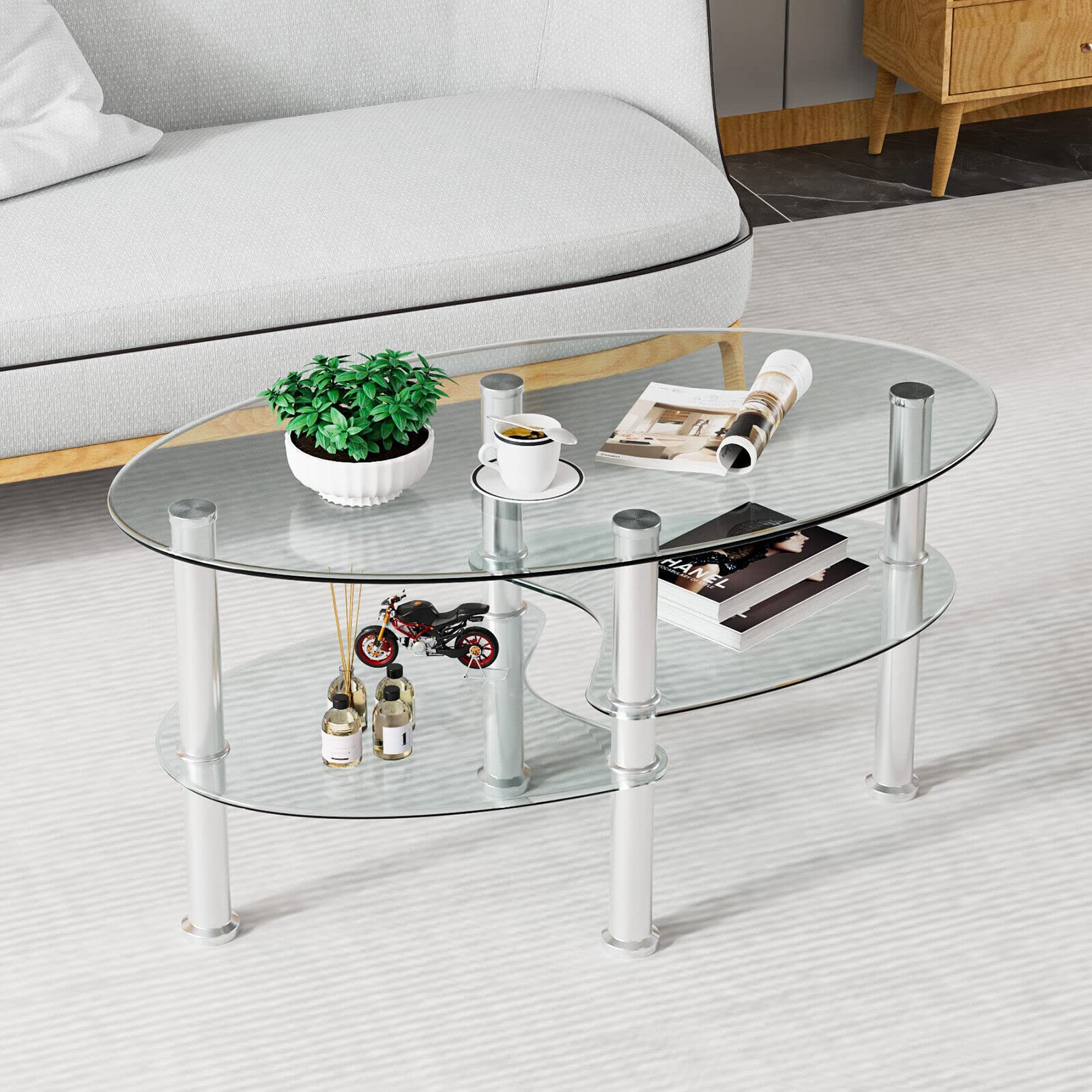 Giantex Tempered Glass Coffee Table, 3-Tire Modern Oval Tea Table, Smooth End Table with Open Storage Shelf