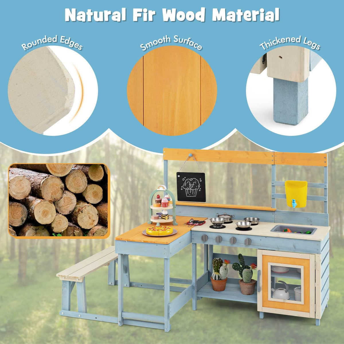 Kids Pretend Play Mud Kitchen, 2-in-1 Outdoor Toy Kitchen & Dining Area w/Storage, Accessories