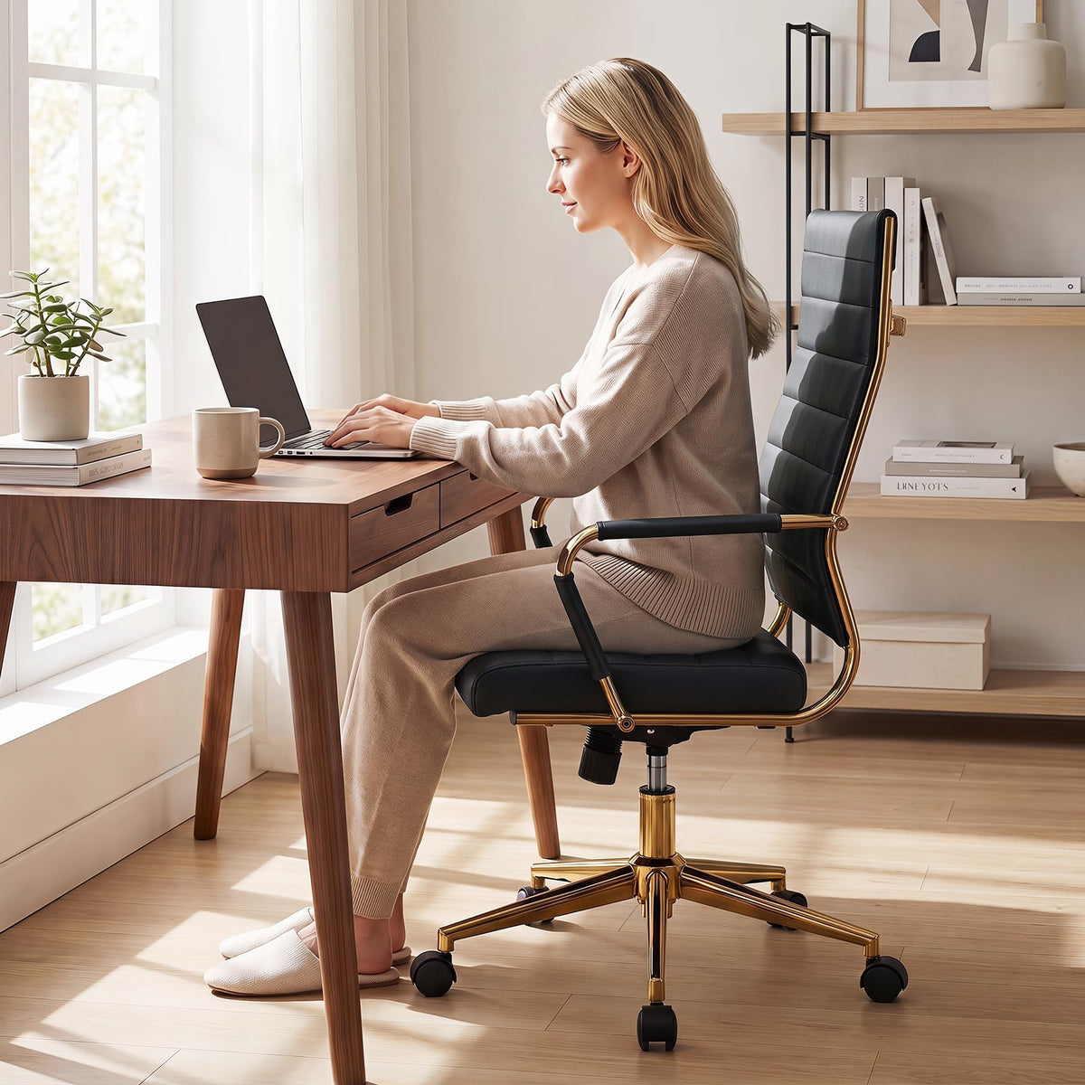 White and Gold Office Chair, Ribbed PU Leather Computer Desk Chair with Armrests & Reclining Backrest