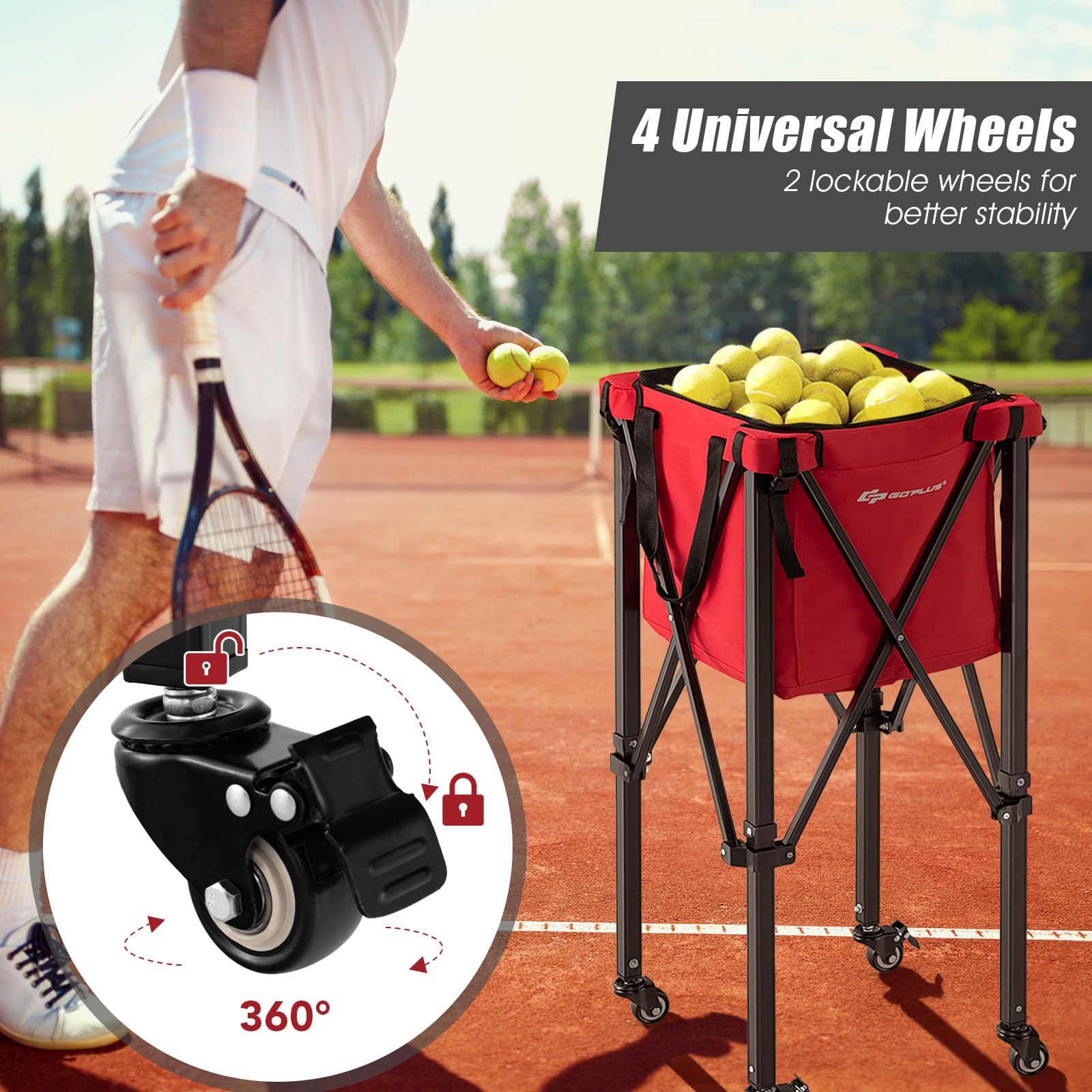 Foldable Tennis Ball Cart, Lightweight Aluminum Tennis Ball Hopper Basket w/Wheels
