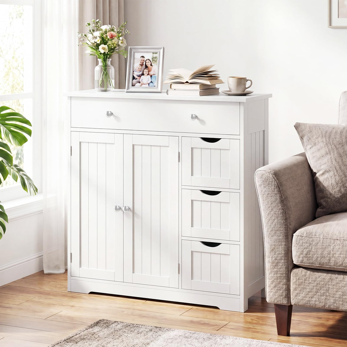 Bathroom Floor Cabinet, Large Storage Cabinet with 4 Drawers, 2 Doors & Adjustable Shelf