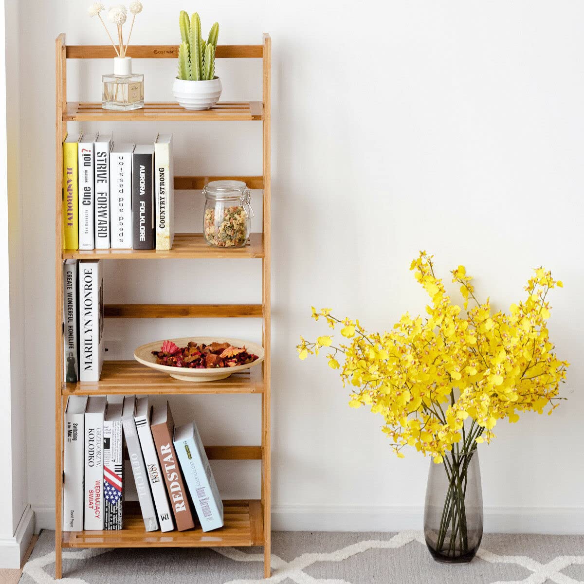 Giantex 4-Tier Bamboo Plant Shelf, Multipurpose Flower Ladder Stand, Potted Plant Display Rack