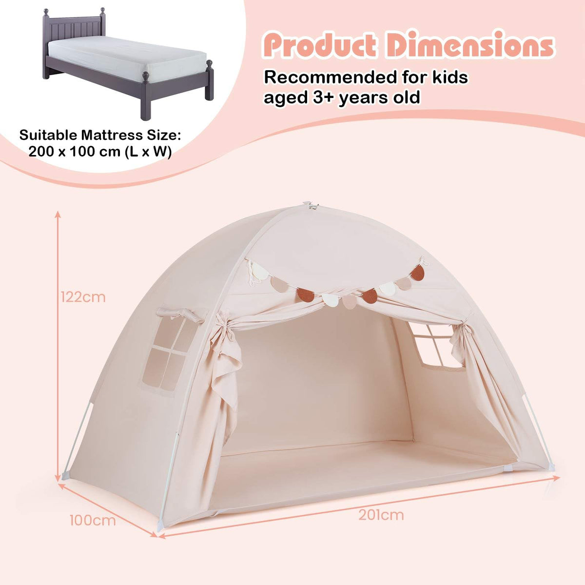 Twin Full Size Bed Tent for Kids, Foldable & Portable Canopy Tent on Twin Bunk Bed with 2 Windows and Flags