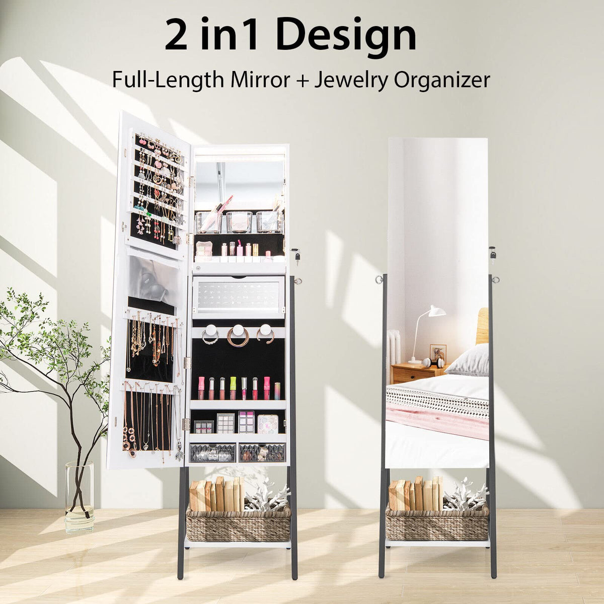 Giantex Freestanding Jewelry Cabinet, Lockable Floor Jewelry Armoire Organizer w/ Full-Length Mirror