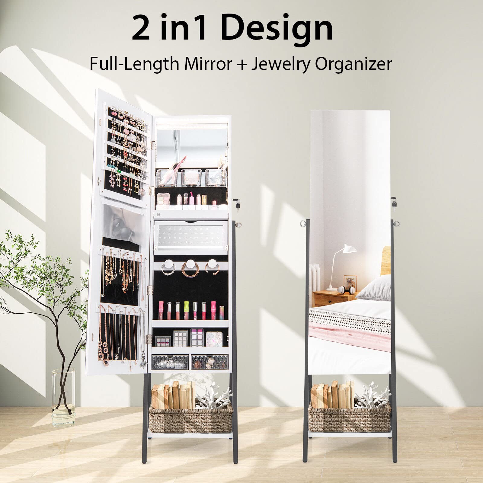Giantex Freestanding Jewelry Cabinet, Lockable Floor Jewelry Armoire Organizer w/ Full-Length Mirror