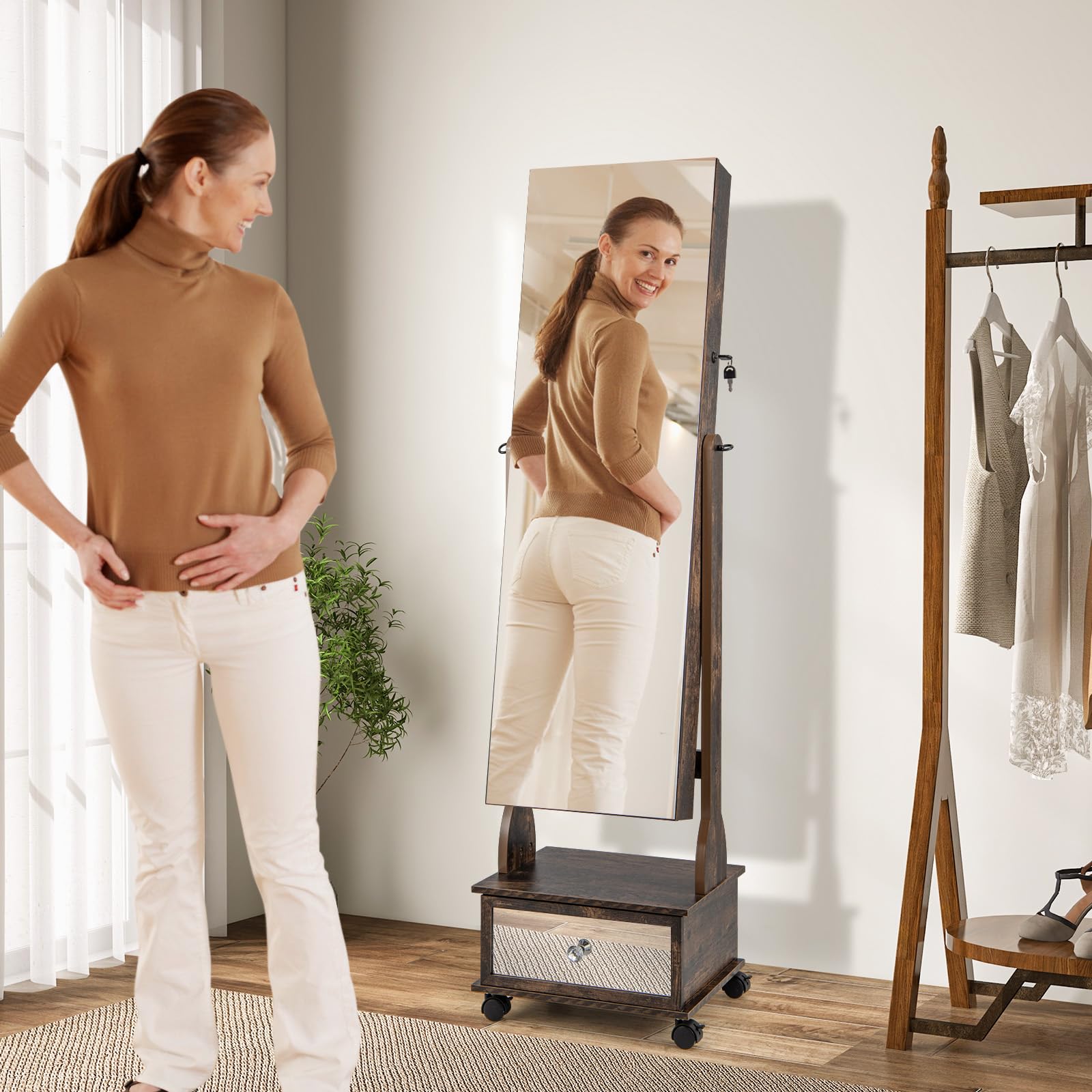 Giantex Standing Jewelry Armoire, Lockable Movable Jewelry Organizer