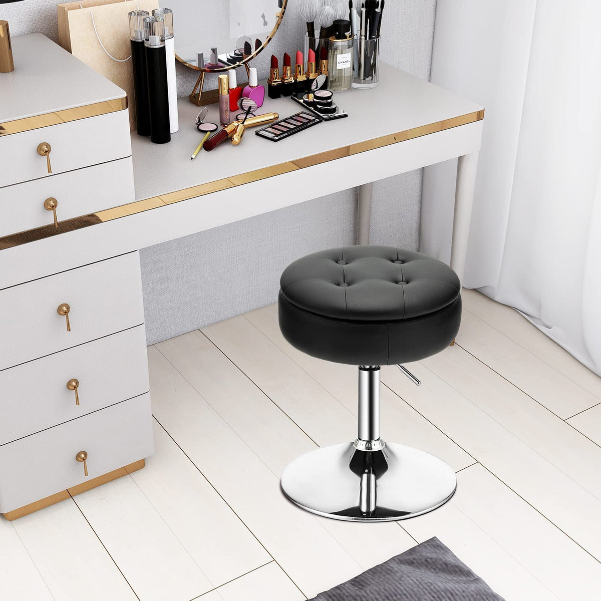 Vanity Stool with Storage, 360° Swivel PU Leather Vanity Chair, 50-66cm Height Adjustable Makeup Stool with Flipped Lid