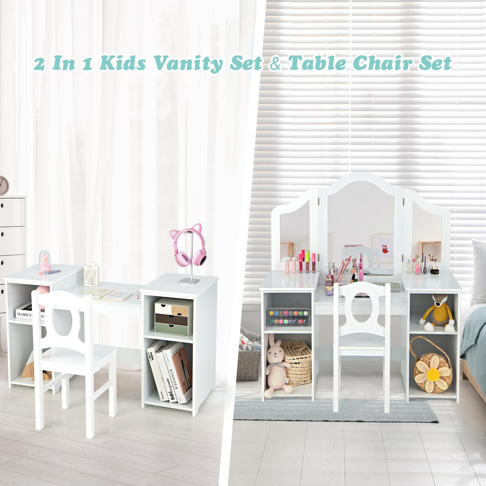 2-in-1 Kids Vanity Table and Chair Set with Removable Mirror