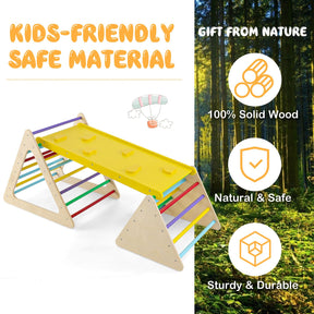 HONEY JOY 3 in 1 Triangle Climber with Ramp, Wooden Climbing Toys for Toddlers