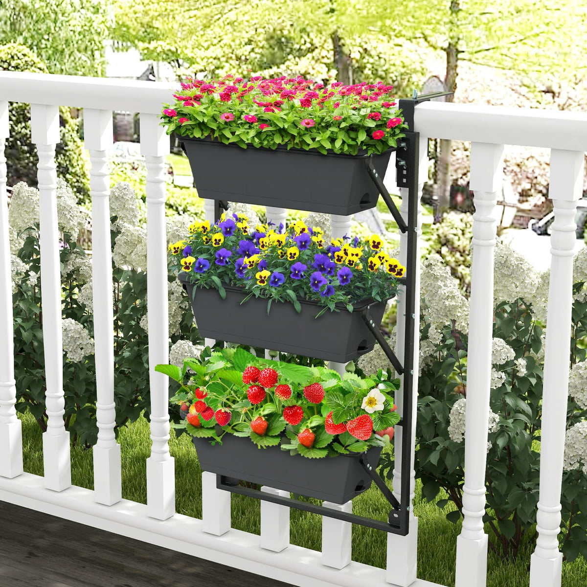 Hanging Vertical Planter, Self-Watering Wall-Mounted Adjustable Railing Planter with 3 Planter Boxes & Detachable Hooks for Flowers