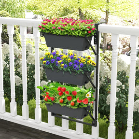 Hanging Vertical Planter, Self-Watering Wall-Mounted Adjustable Railing Planter with 3 Planter Boxes & Detachable Hooks for Flowers