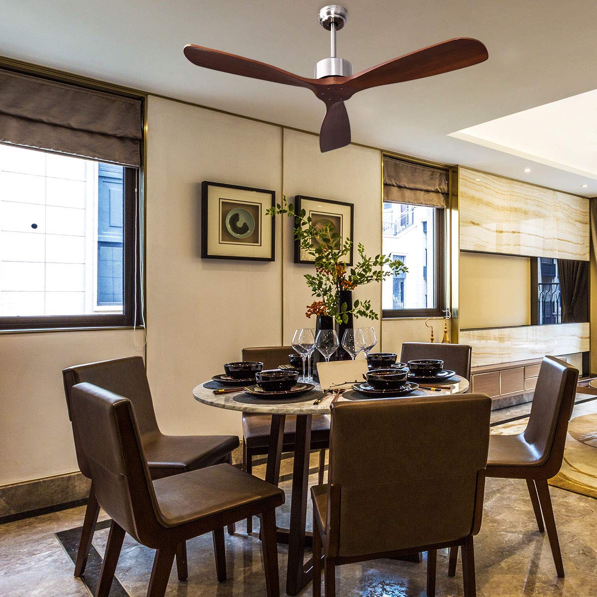 52" Ceiling Fan, Outdoor Indoor Ceiling Fan with Remote Control, 3 Solid Wooden Blades