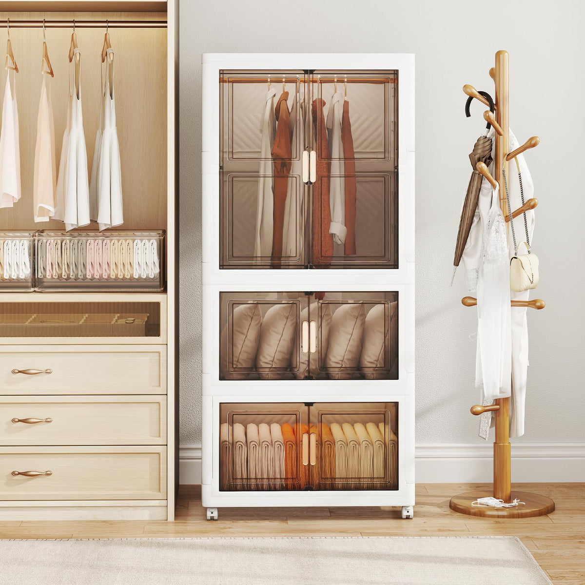 420L Storage Bins with Lid, Portable Plastic Wardrobe Closet Organizer with 10 Hangers
