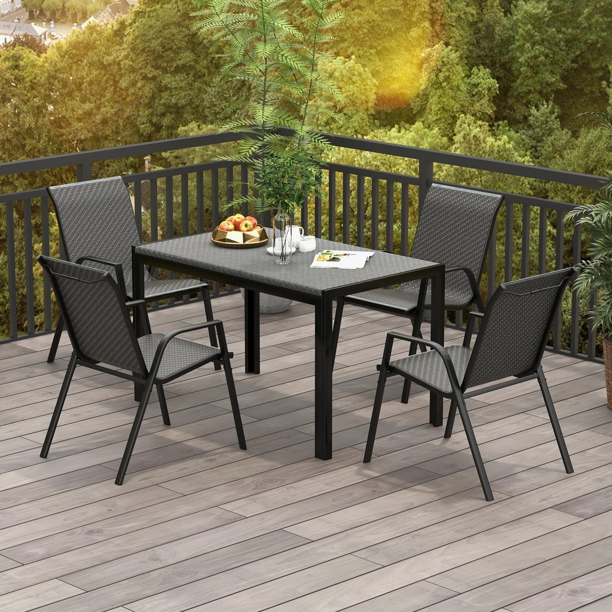 Patio Rattan Chairs Set of 4, Stackable Dining Chair Set with Wicker Woven Backrest & Seat