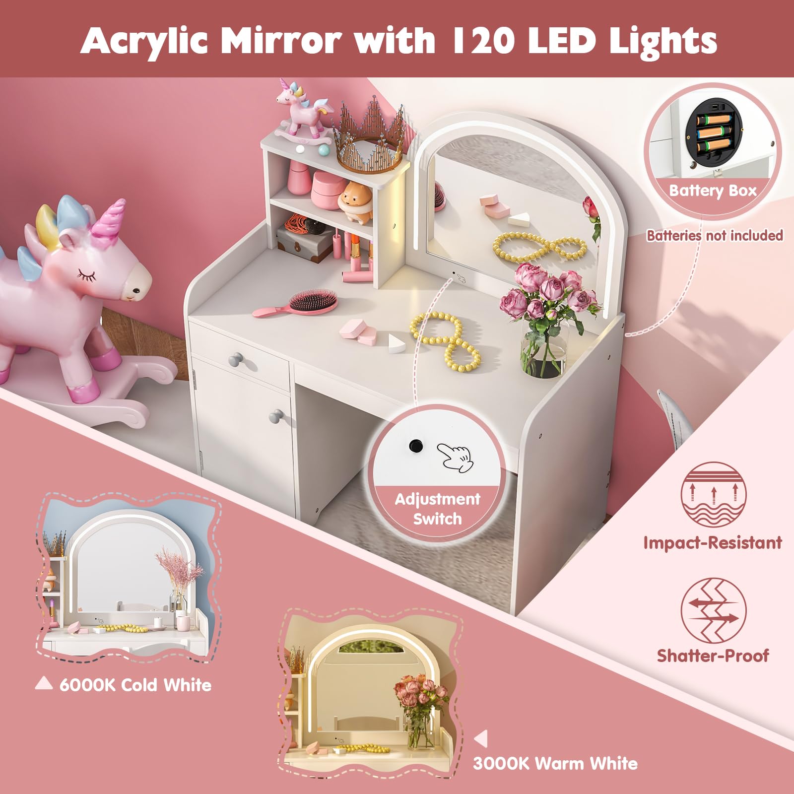 Kids Vanity Table with Stool, Children Makeup Table & Chair Set with 2-Color LED Lights, Mirror, Shelves