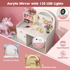Kids Vanity Table with Stool, Children Makeup Table & Chair Set with 2-Color LED Lights, Mirror, Shelves