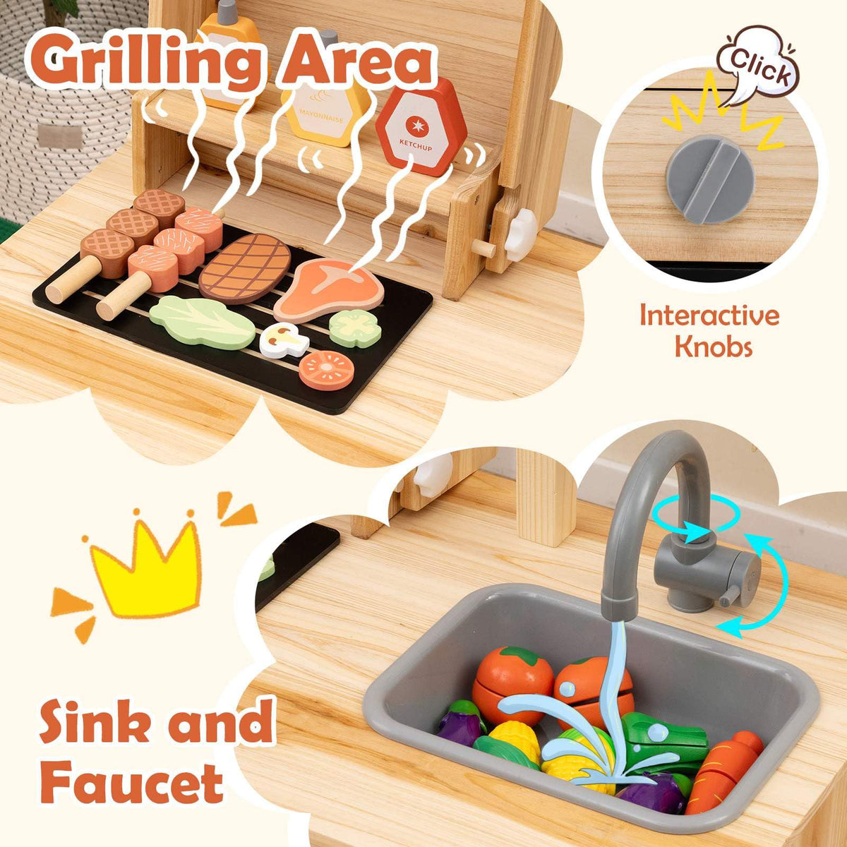 Wooden Barbecue Grill Playset, Pretend Play Kitchen Set with Play Food, Grilling Tools & Accessories