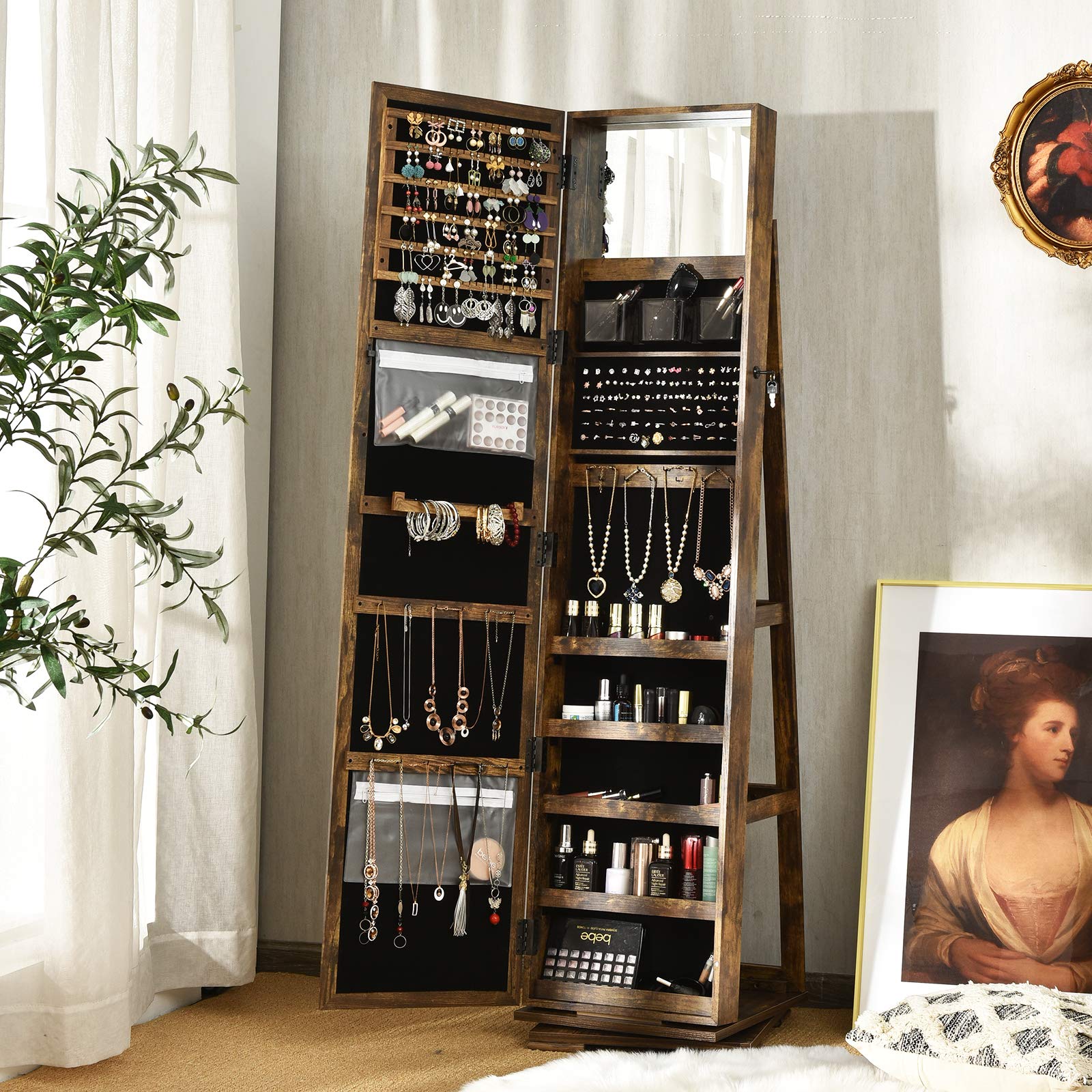 Giantex 360 Rotating Mirrored Jewelry Cabinet, Free Standing Jewelry Armoire, Full Length Mirror
