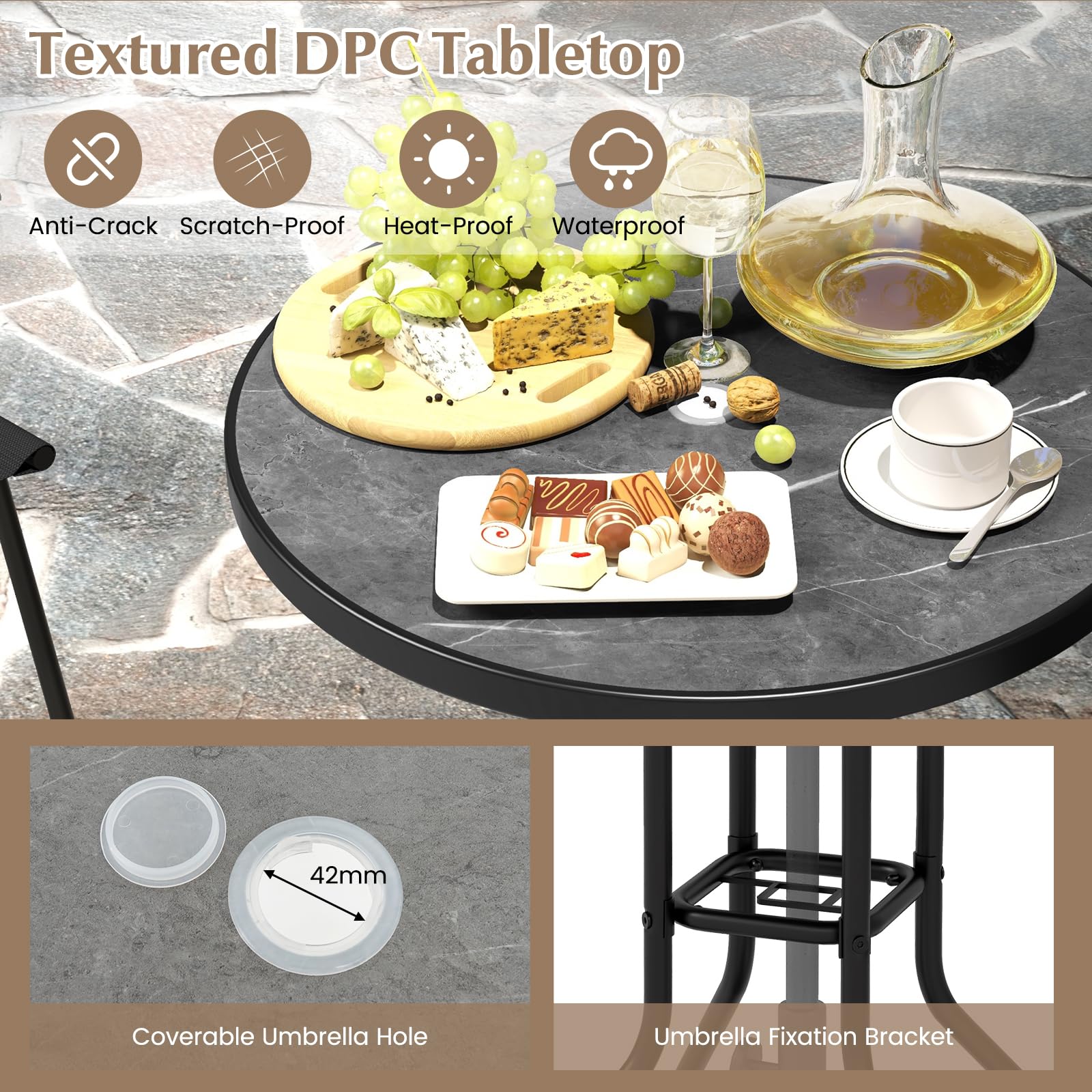3 PCS Outdoor Bar Stool Set, Bistro Furniture with DPC Tabletop
