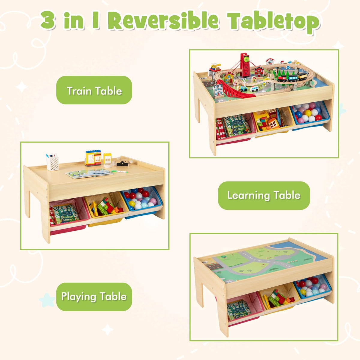 Train Table, 84 Pieces Wooden Kids Activity Toy Table Playset with Reversible Detachable Tabletop, Tracks, Train, Railway, City for Toddler Boys Girls (36’’ x 25’’ x 16’’)