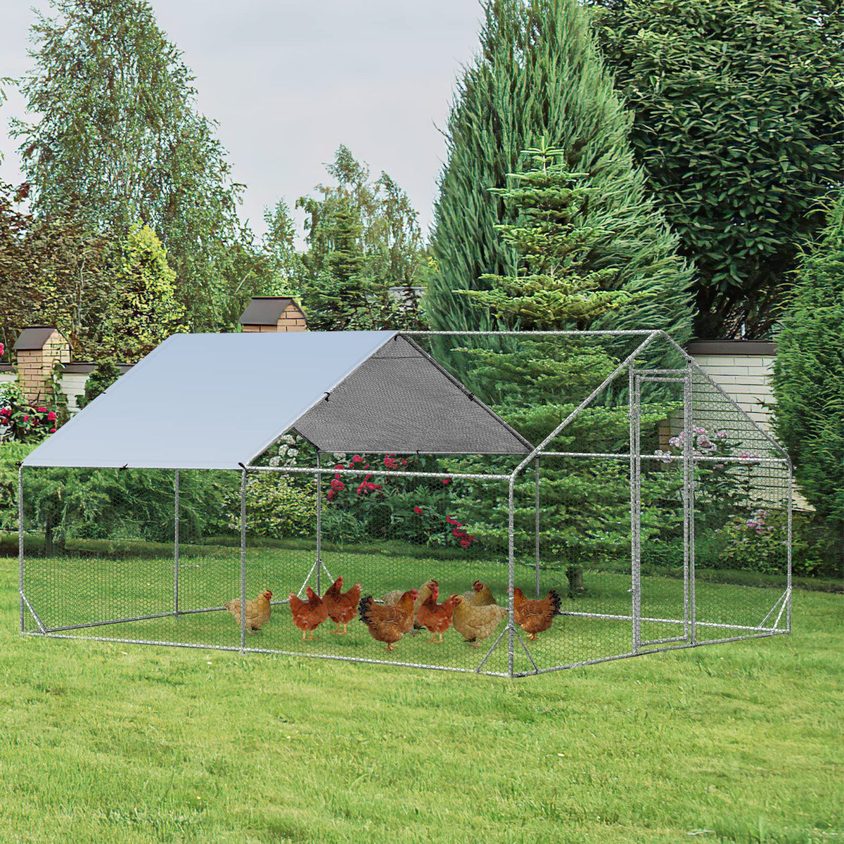 Large Spire-Shaped Chicken Coop, Galvanized Metal Hen House with Waterproof & Sun-protective Cover