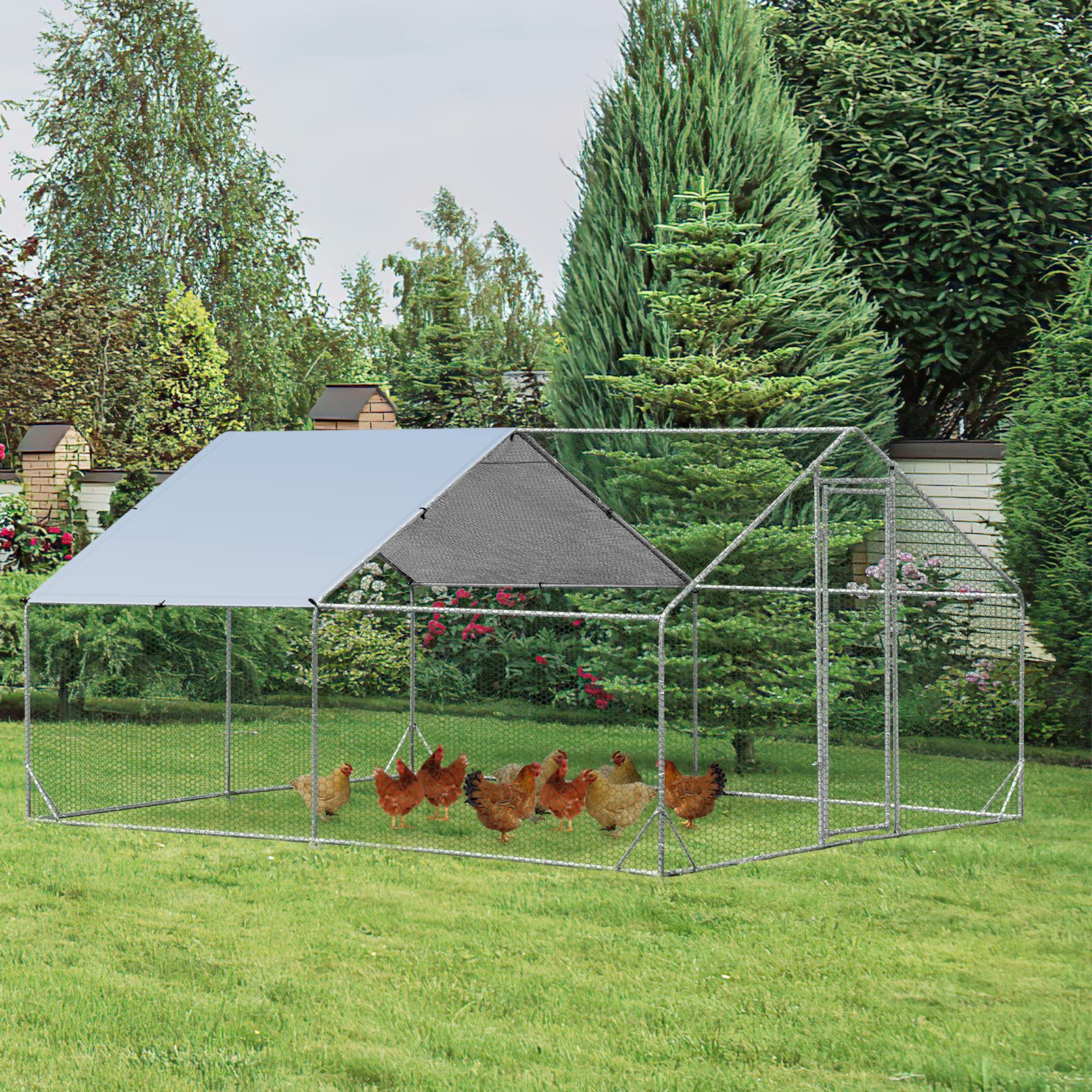 Large Spire-Shaped Chicken Coop, Galvanized Metal Hen House with Waterproof & Sun-protective Cover