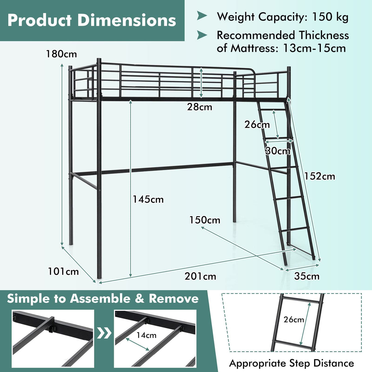 Loft Bed with Ladder, Heavy-Duty Steel Bed Frame with High Guard Rails, Versatile Bed Frame with Ample Underneath Floor Space for Working & Relaxation