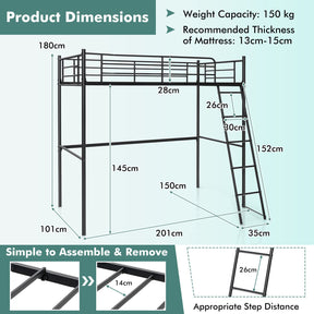 Loft Bed with Ladder, Heavy-Duty Steel Bed Frame with High Guard Rails, Versatile Bed Frame with Ample Underneath Floor Space for Working & Relaxation