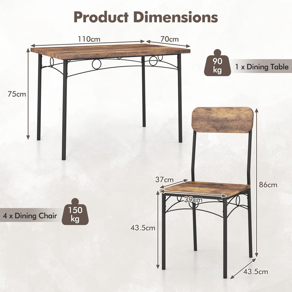 Dining Table Set for 4 5-Piece Industrial Kitchen Furniture Dinette Set