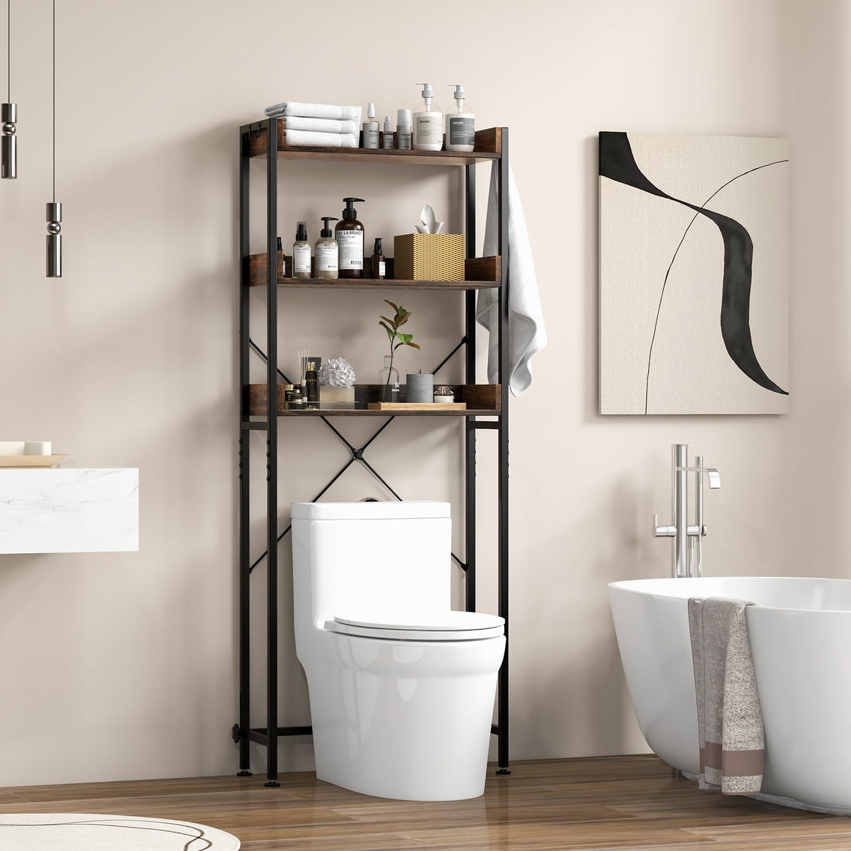 Giantex Over The Toilet Storage Rack 3-Tier Bathroom Space Saver Organizer Shelf w/ 4 Hooks & Adjustable Bottom Bar