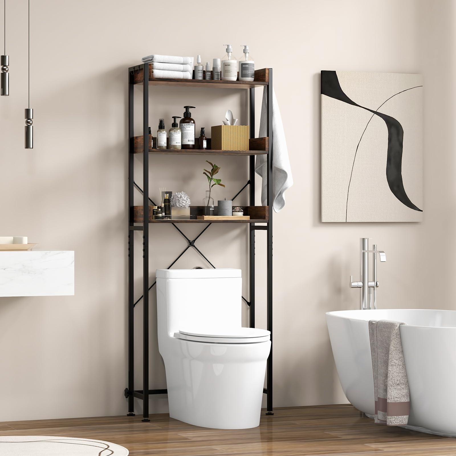 Giantex Over The Toilet Storage Rack 3-Tier Bathroom Space Saver Organizer Shelf w/ 4 Hooks & Adjustable Bottom Bar