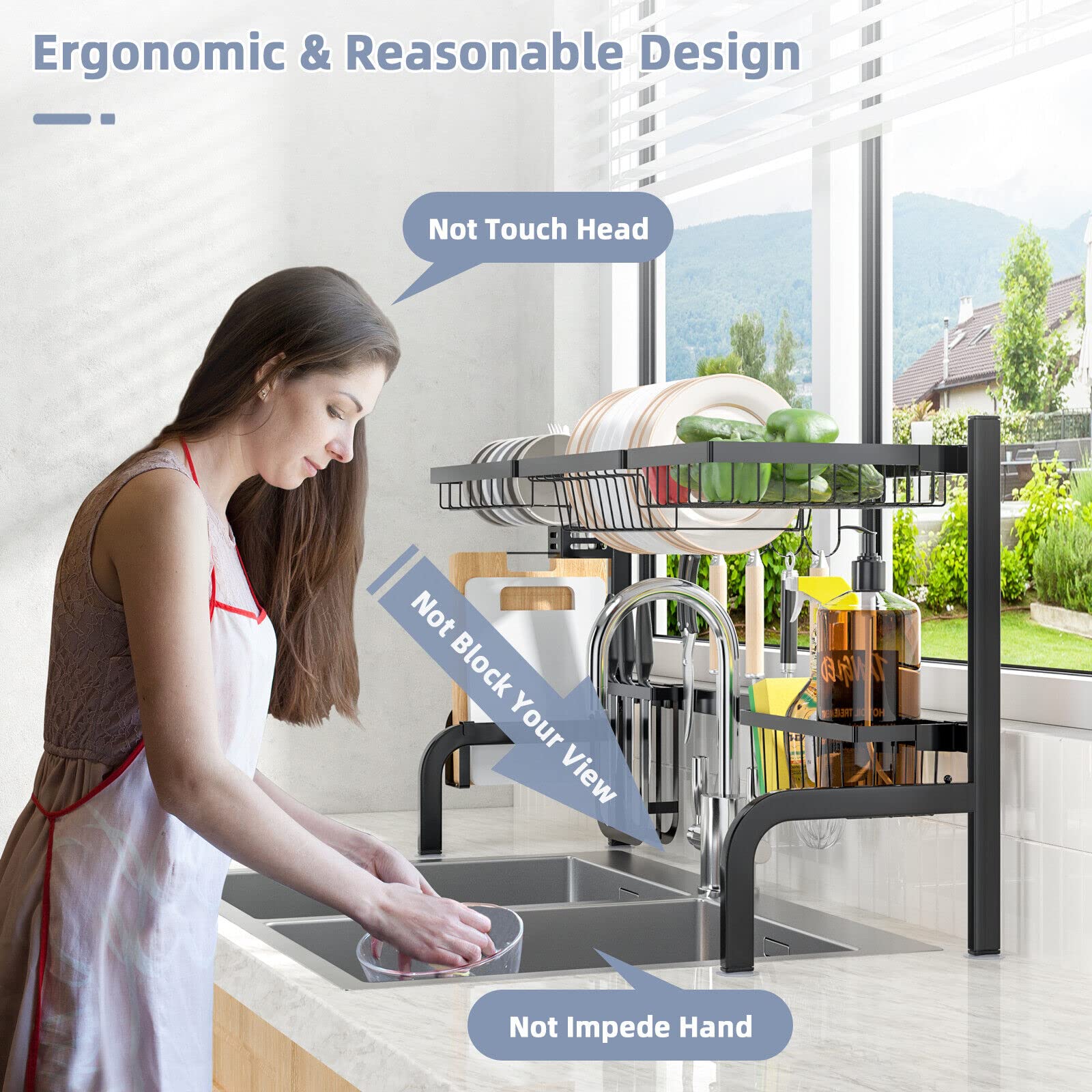 Giantex Dish Drying Rack Over Sink Drainer Cup Plate Holder w/ 8 Hooks Kitchen Organizer, Black