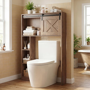 Over The Toilet Storage Cabinet, Freestanding Bathroom Organizer with Sliding Barn Door & Shelves