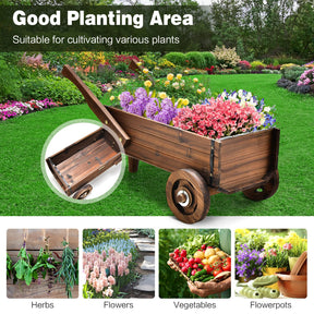 Giantex Wooden Wagon Planter Box, Decorative Wagon Cart with Wheels, Handles, Drainage Hole